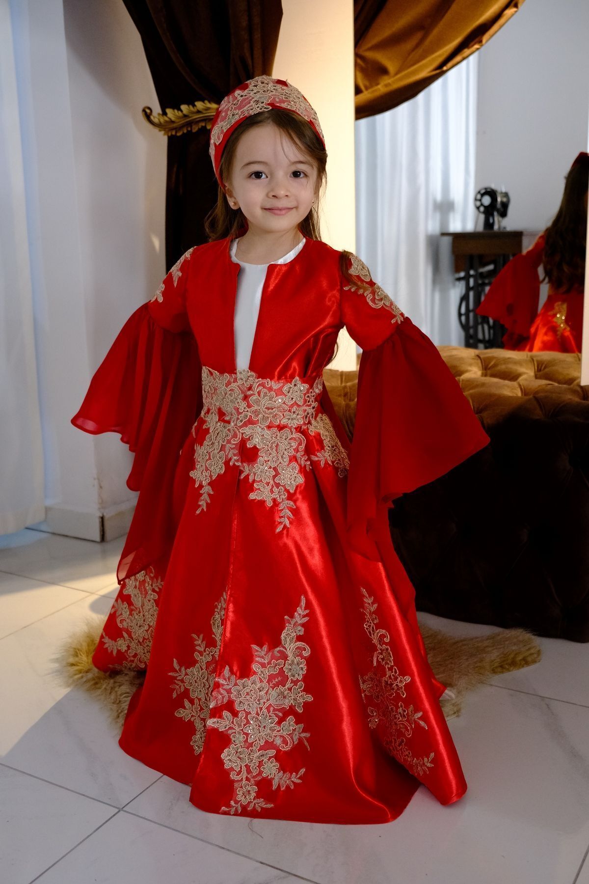 Shıne dresses-Girl's Red Bindalli Kaftan 5