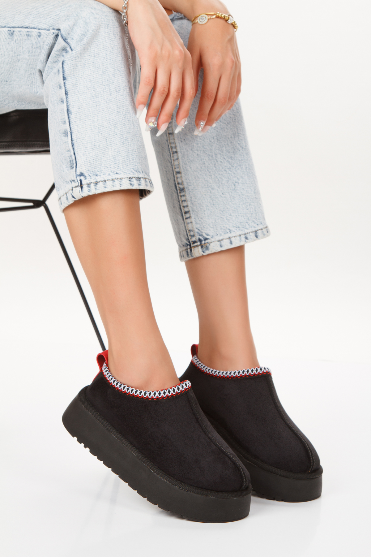  نیم بوت و دمپایی خانگی جیر مخمل مشکی کوتاه زنانه/دخترانه، کف ضخیم