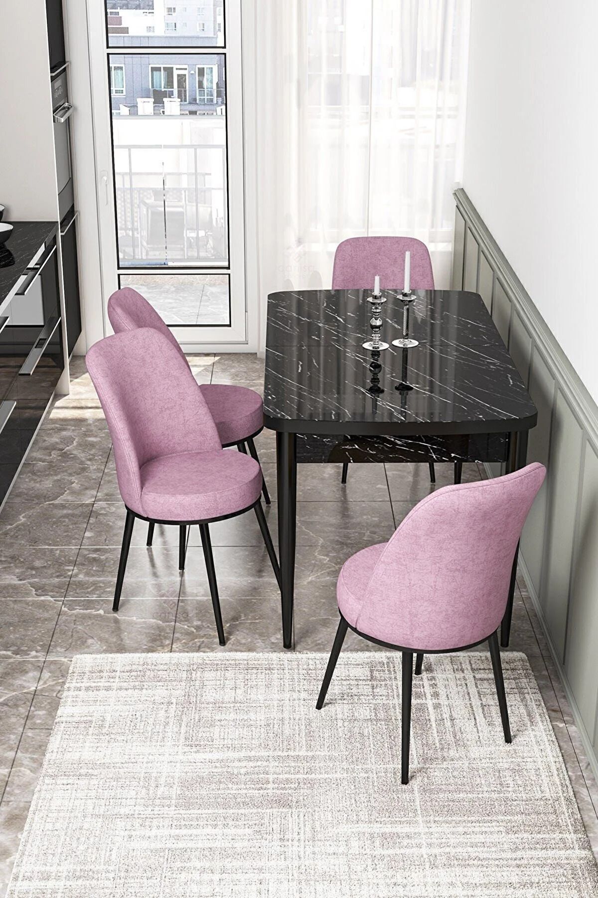 Canisa Kor Serisi 70x114 Açılabilir Mutfak Masası Takımı Siyah Mermer Desen Masa 4 Pembe Sandalye