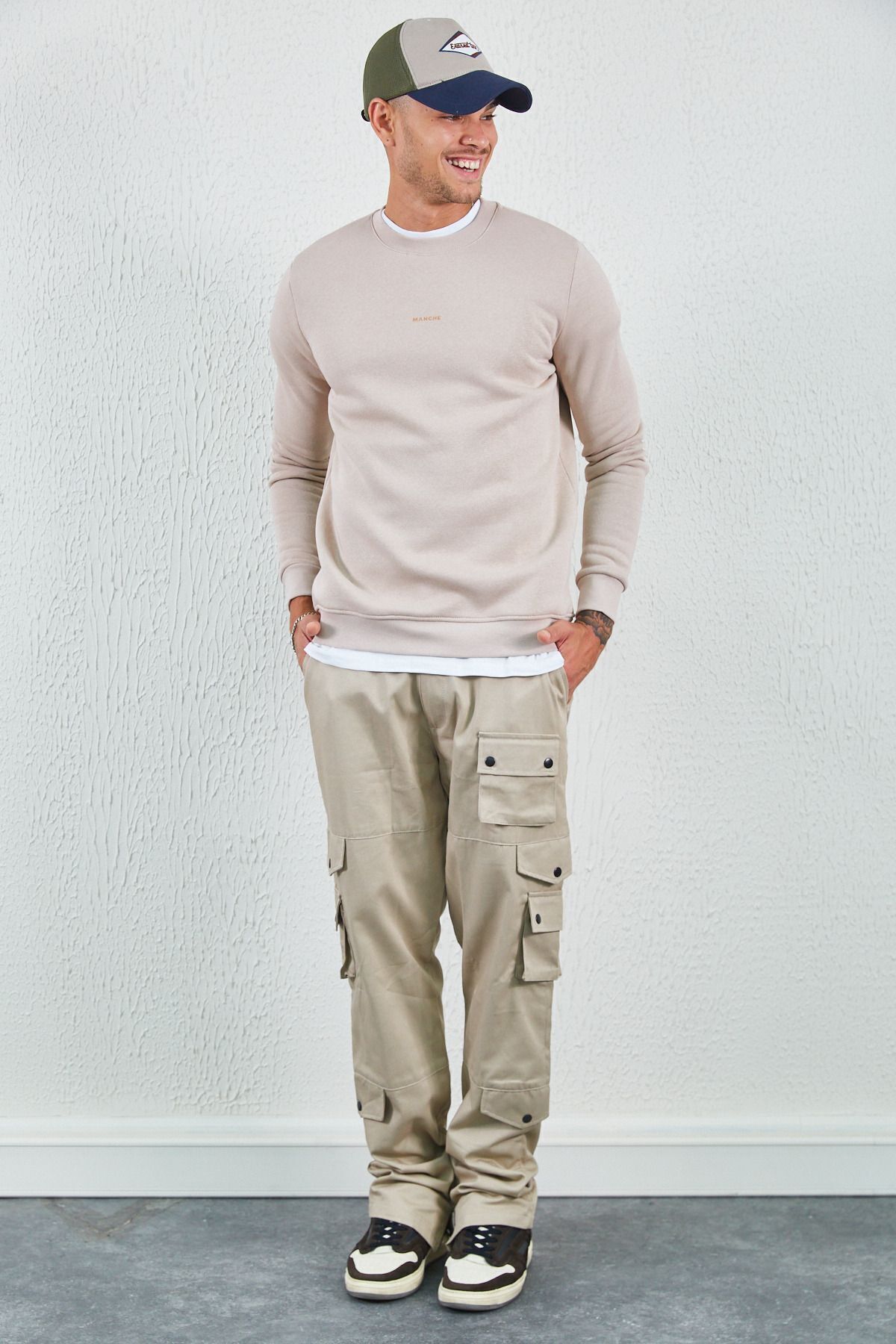 Taş Bisiklet Yaka Basic Minimal Baskılı Sweat Boyama Gri | MEW227696-01