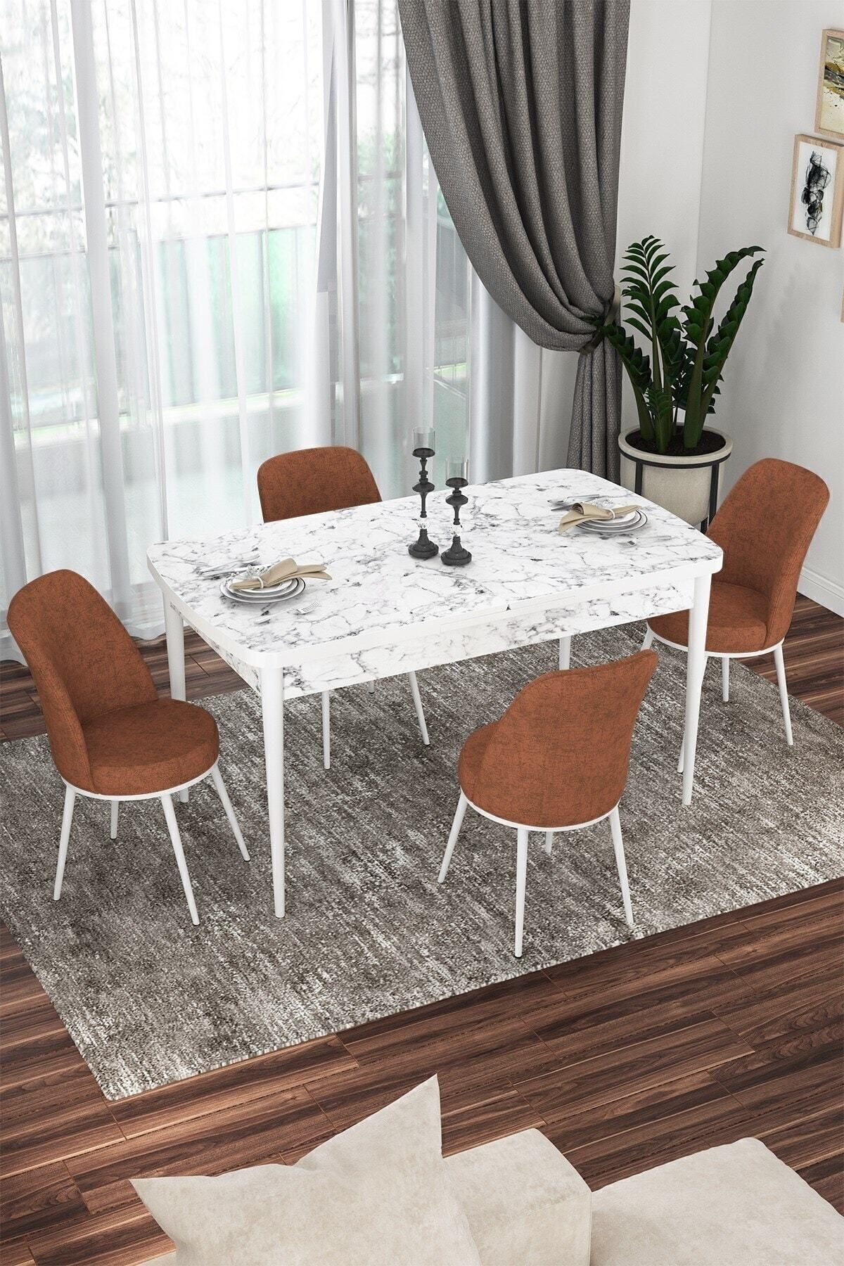 Kor Series 70x114 Openable Kitchen Table Set White Marble Pattern Table 4 Tile Chair