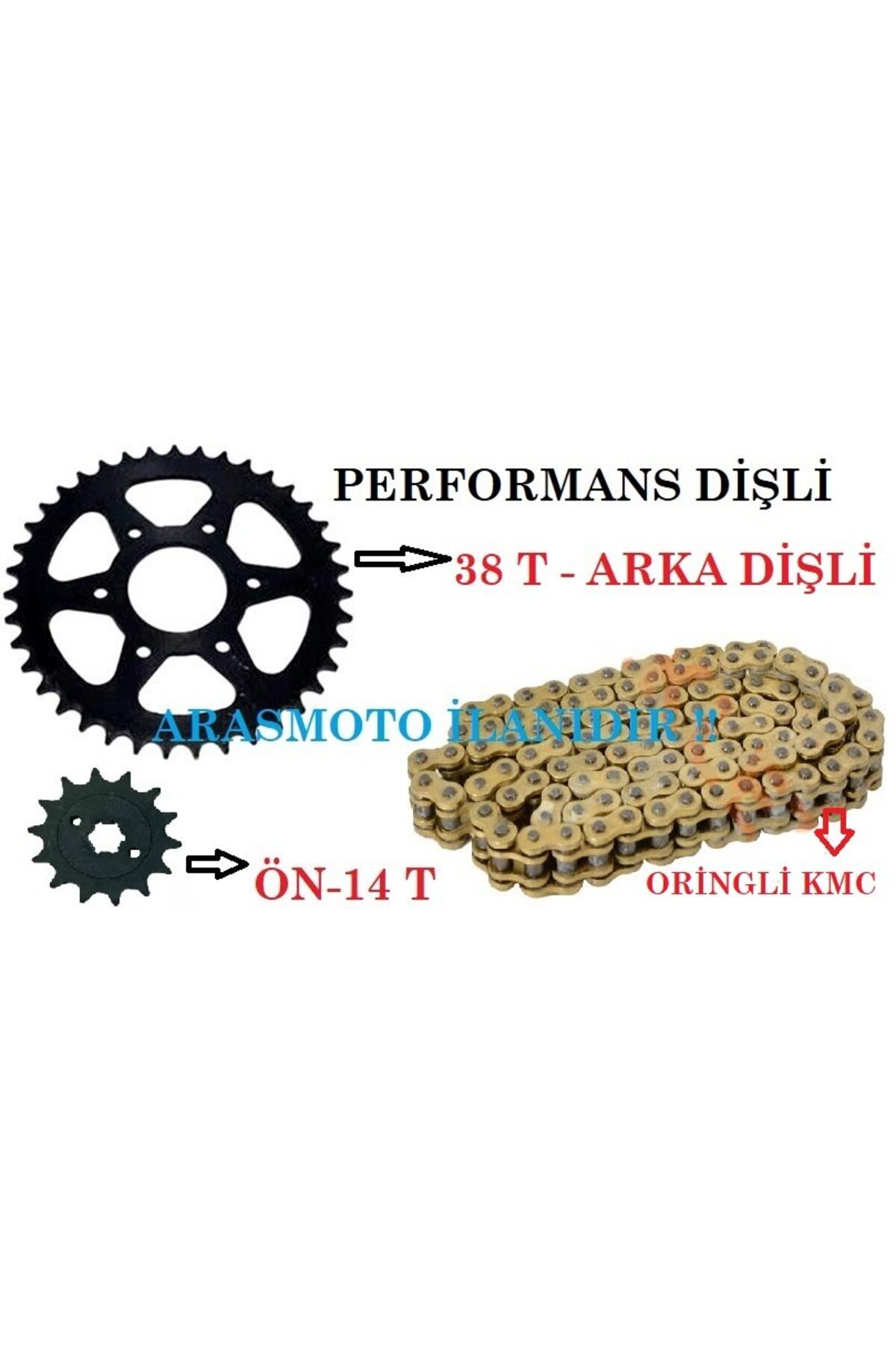 ARASMOTO Pulsar Ns200 - Rs200 Performans Dişli Seti Ve Kmc Marka Oringli Zincir 38t*14t- Arasmto