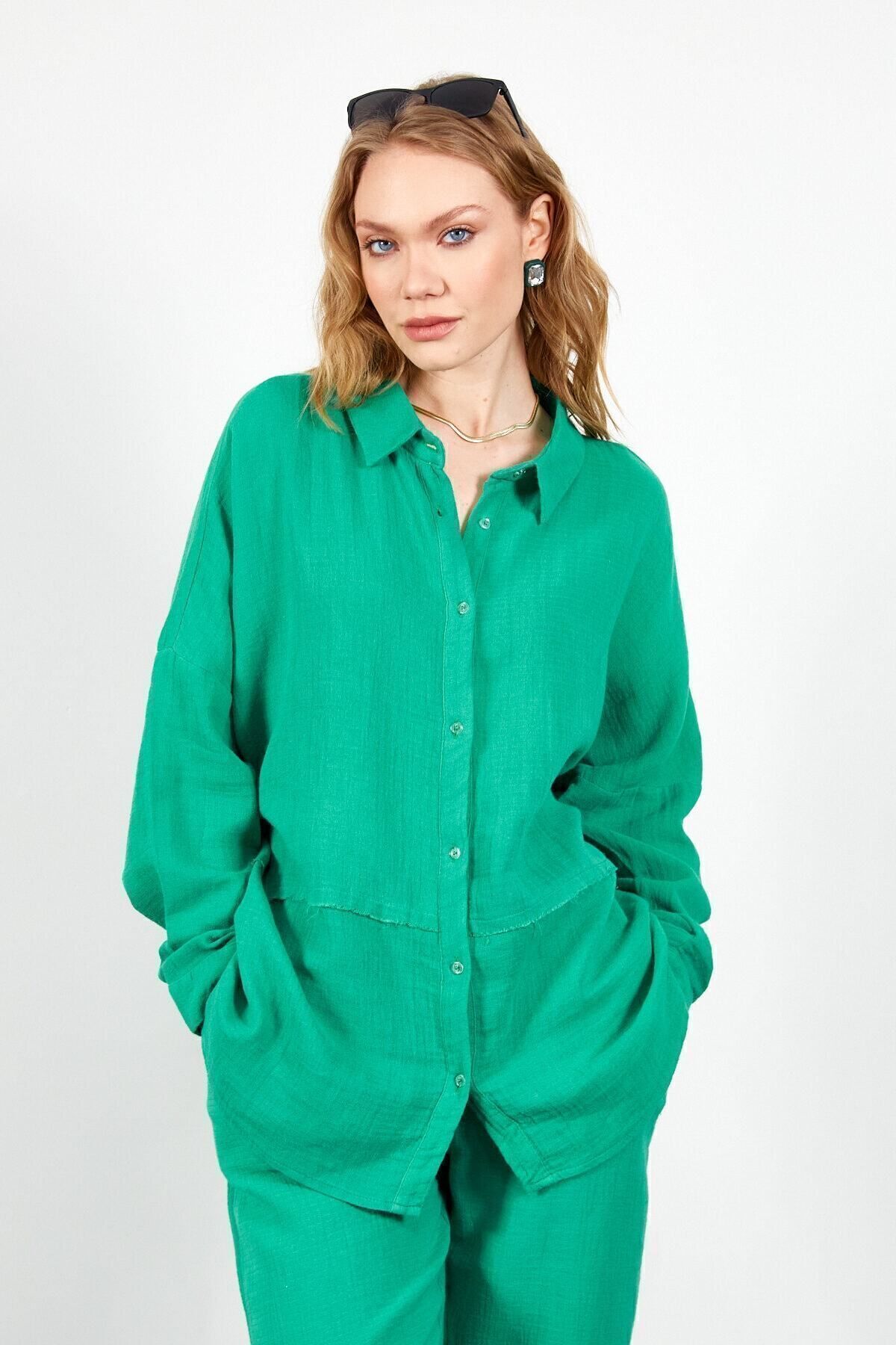 Benetton Müslin Uzun Yıkamalı Oversize Rahat Kalıp Parçalı Kadın Düz Basic Gömlek | MKS166905-01