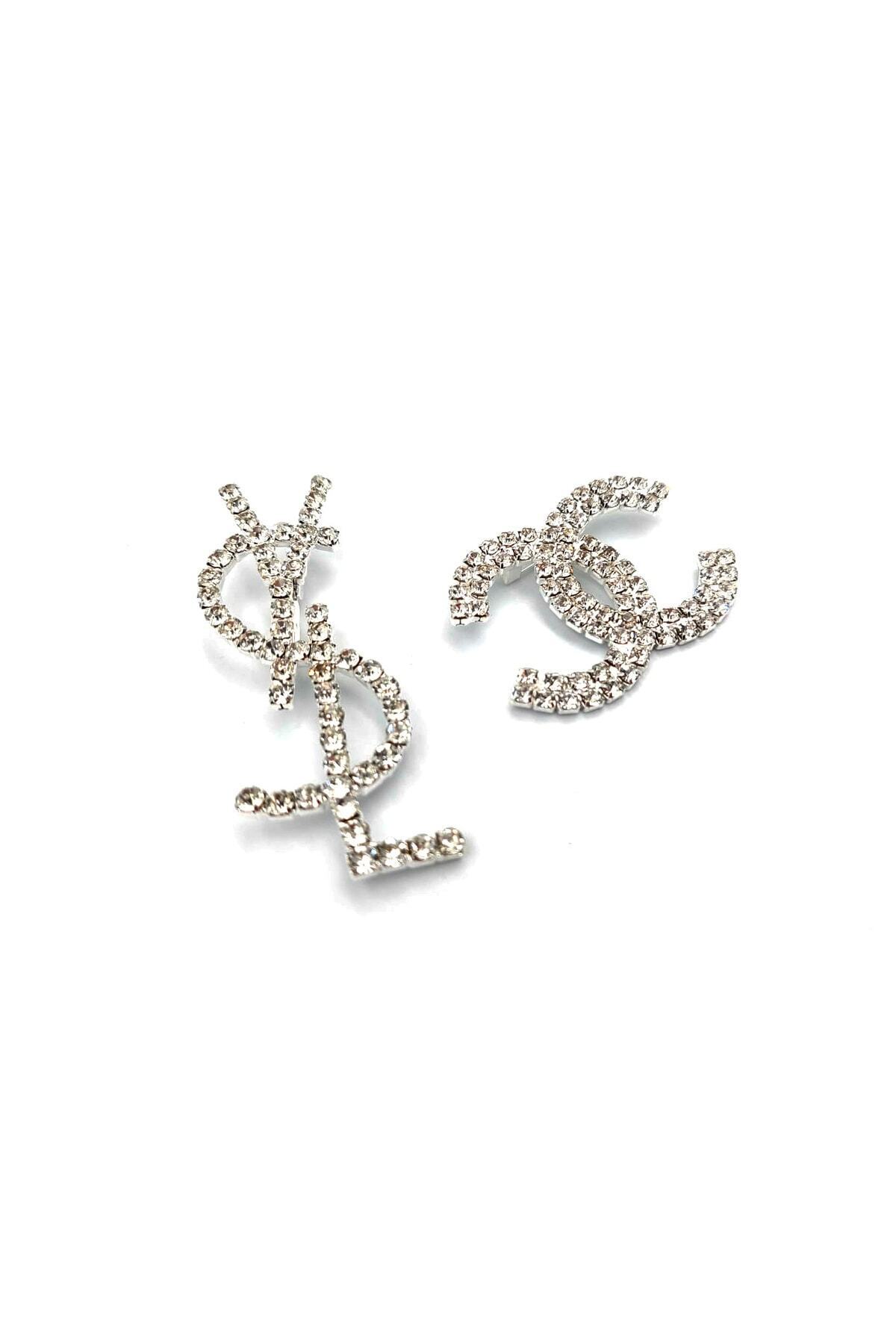 Gümüş Kaplama Cc Ysl 2 Li Kombin Kristal Cam Taşlı Broş B-381