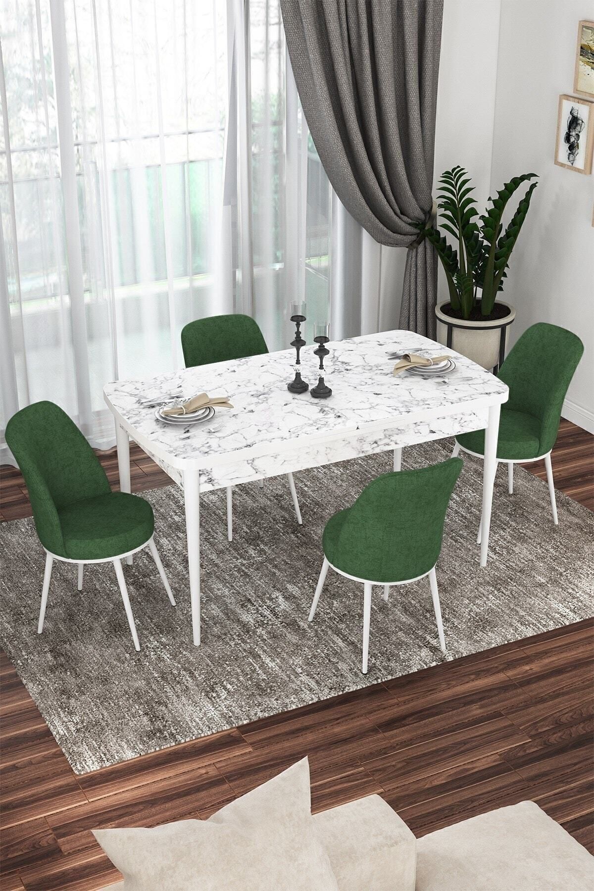 Kor Series 70x114 Openable Kitchen Table Set White Marble Pattern Table 4 Khaki Green Chair