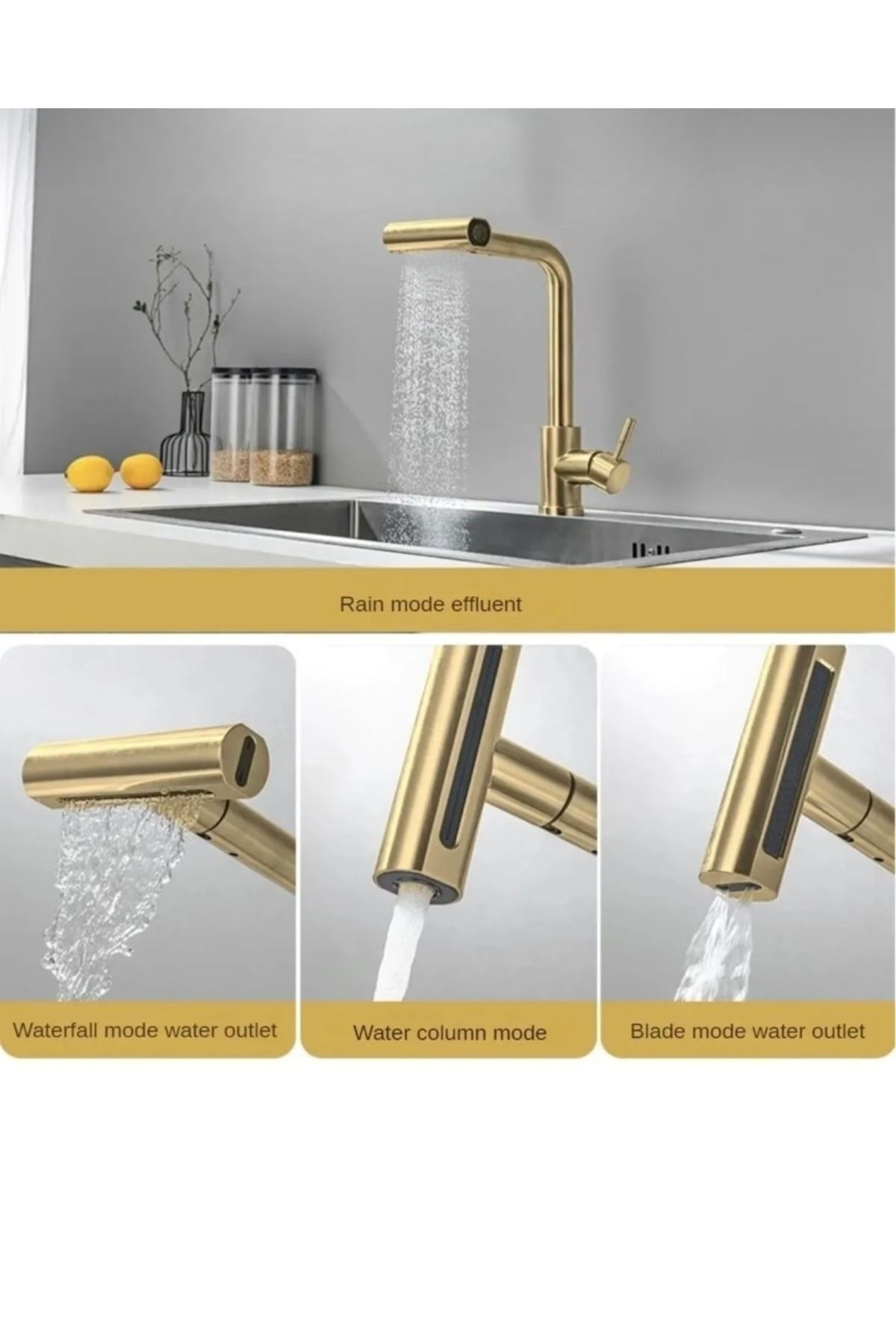 İSAOĞLU YAPI-Matte Gold Spiral - Kitchen Faucet with Waterfall Flow Function 4