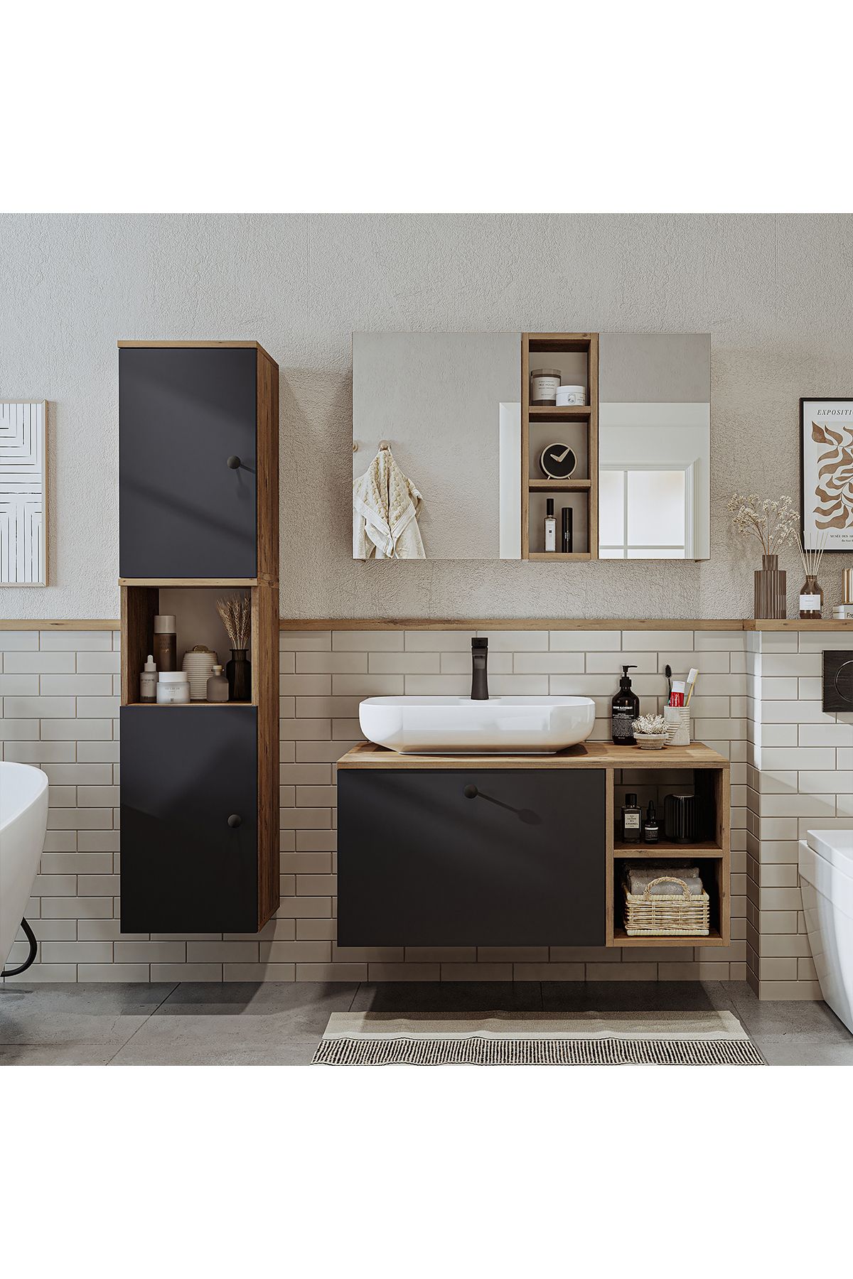 "Lavabolu" Mdf 95 Cm Çekmeceli Lotus Oval Lavabolu Banyo Dolabı + Aynalı Üst Dolabı + Boy Dolabı