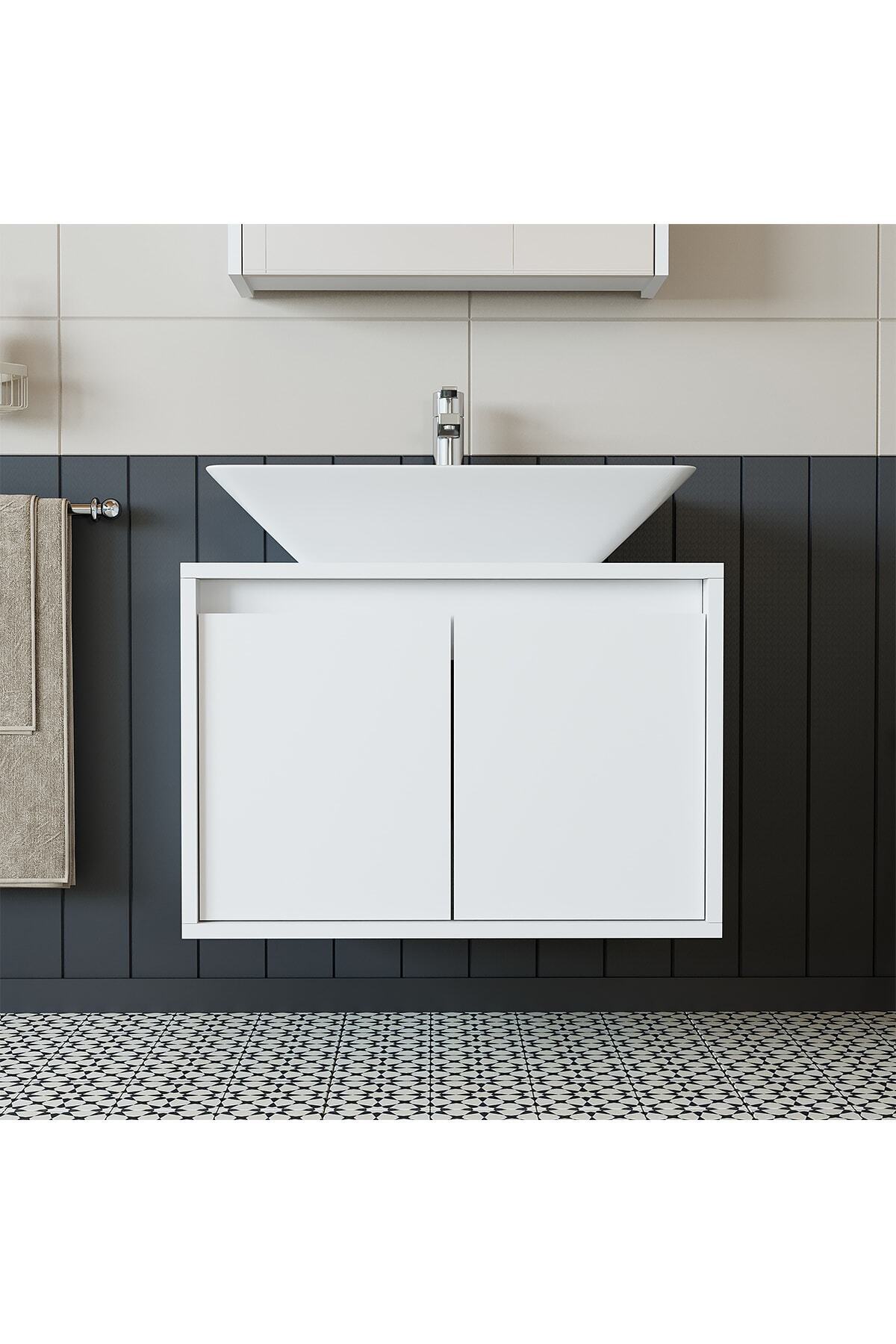 ROOMART Banos Banyo Ld7 65 Cm Ayaksız 2 Kapaklı Lavabolu Mat Beyaz Mdf