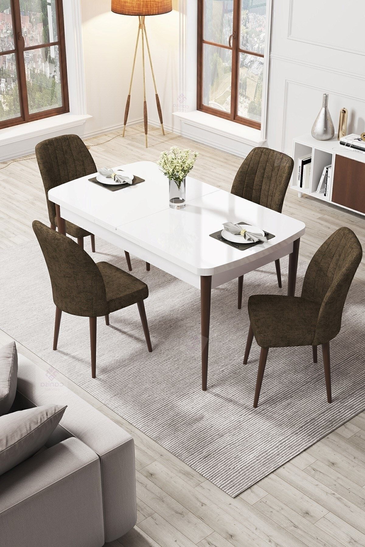 Par Series 70x114, Openable Mdf Dining Table White Table Walnut Feet And 4 Coffee Chair Sets