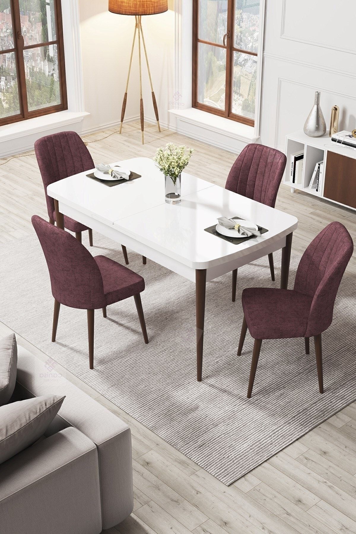 Par Series 70x114, Retractable Mdf Dining Table White Table Walnut Leg And 4 Rose Dried Chair Set