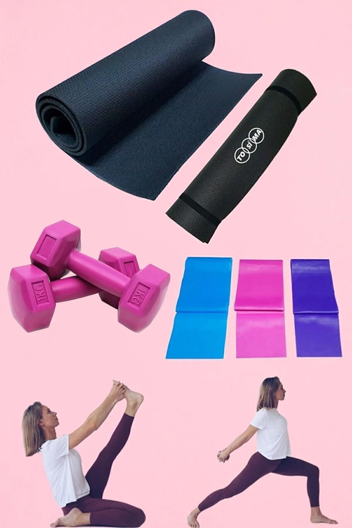 Tosima Pilates Minderi 3'lü Pilates Lastiği 1 Kg Dambıl Egzersiz Seti Yoga Matı Pilates Seti Egzersiz Seti