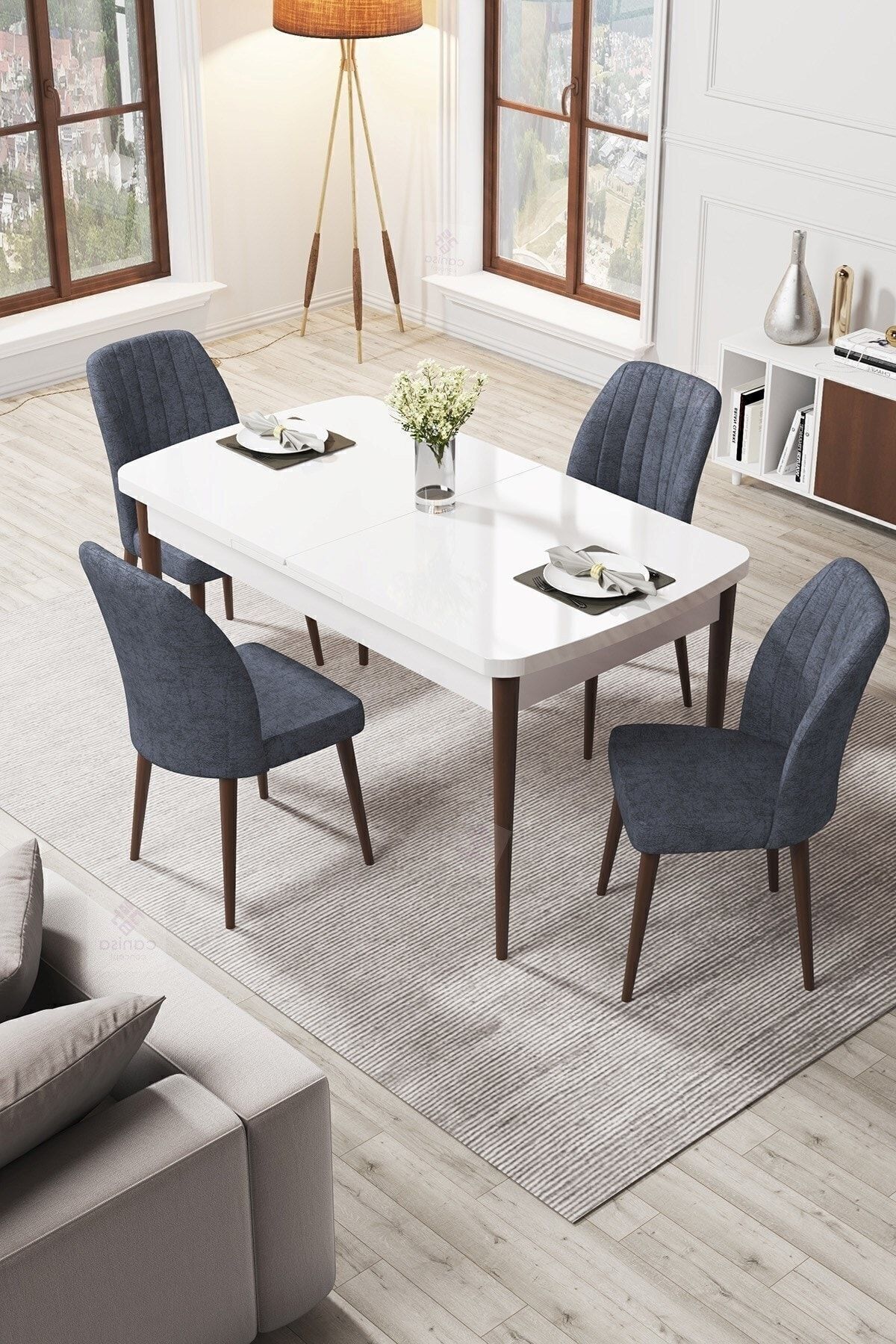 Par Series 70x114, Openable Mdf Dining Table White Table Walnut Feet And 4 Smoked Chairs Set