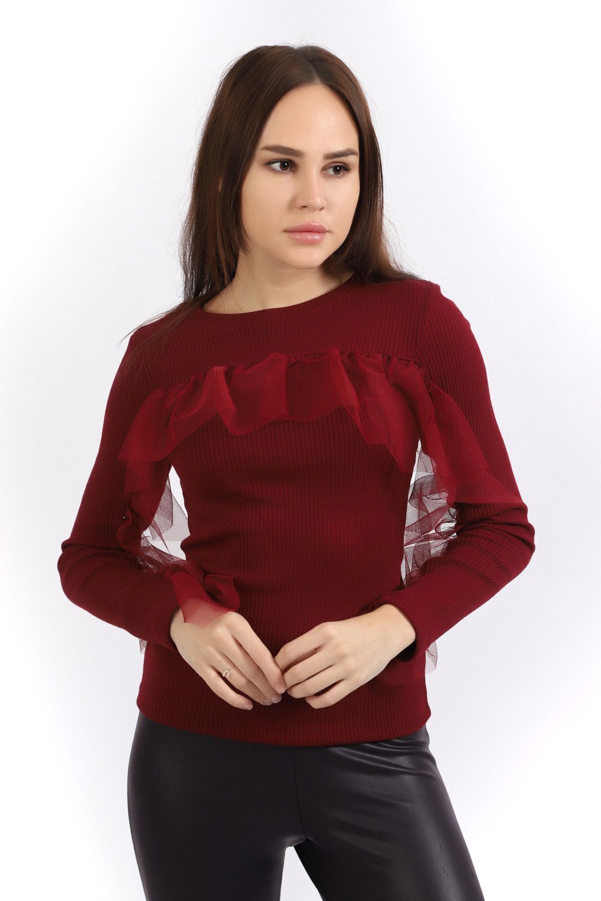  Sense Bordo Önü Ve Kolları Büzgü Tüllü Kaşkorse Triko Bluz | Blz32462