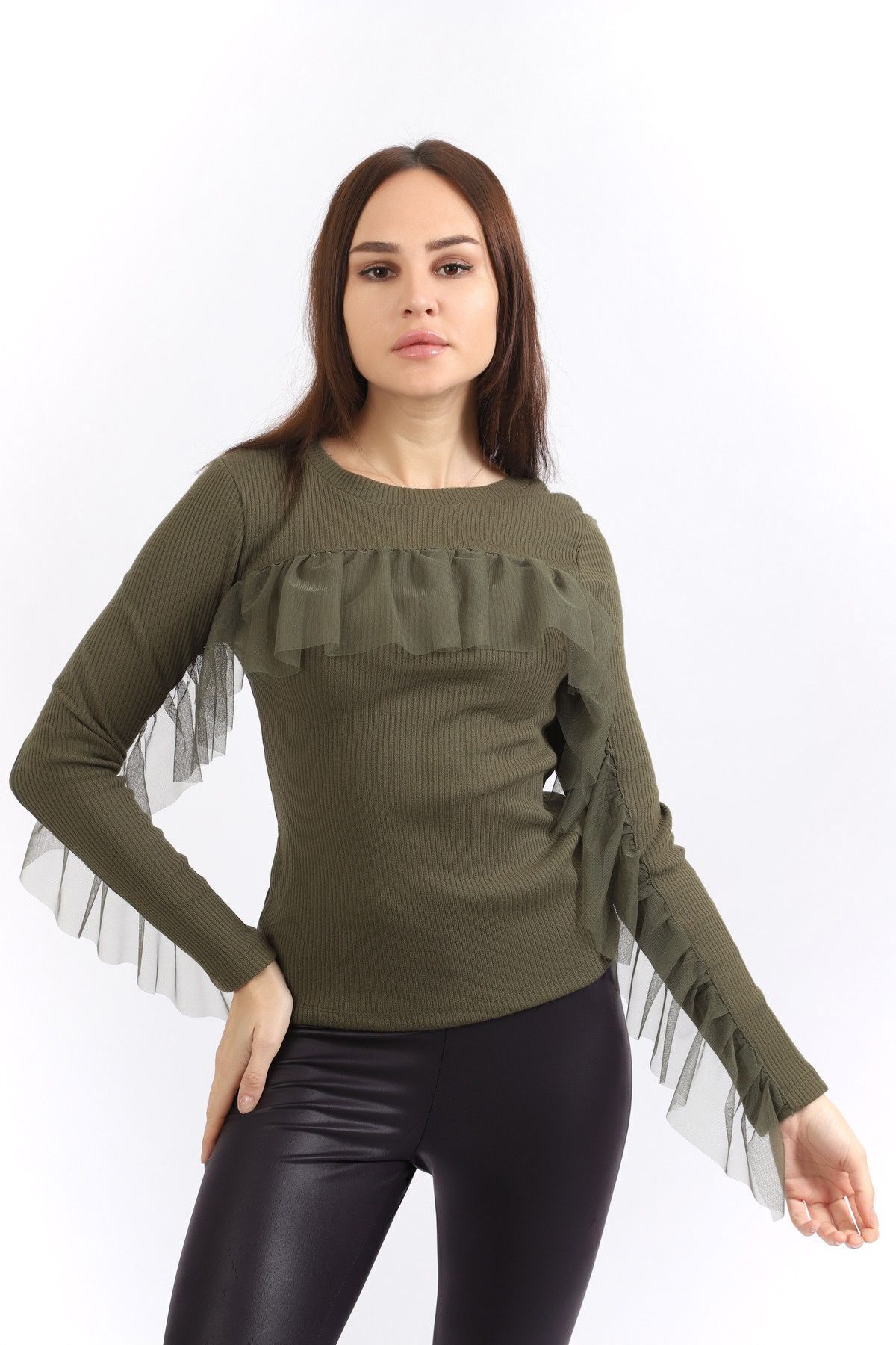  Sense Hakı Önü Ve Kolları Büzgü Tüllü Kaşkorse Triko Bluz | Blz32462