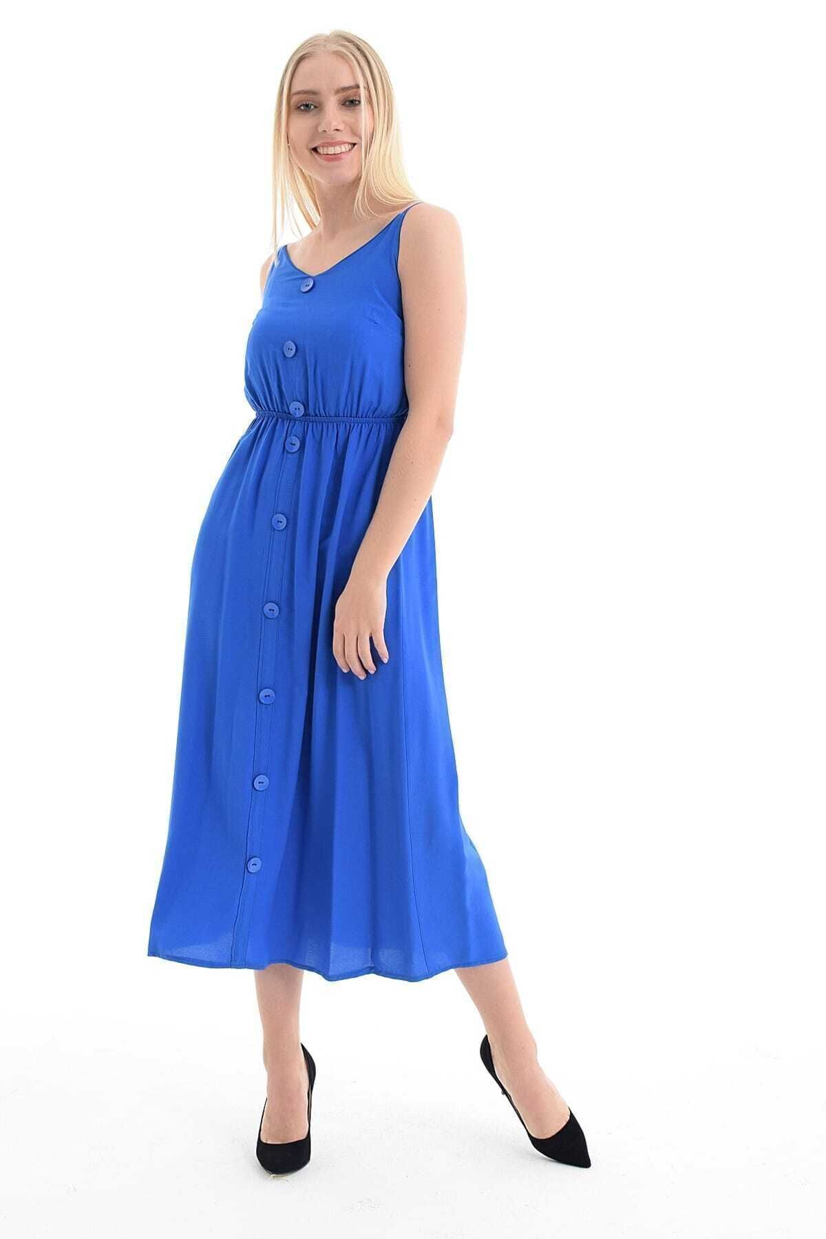  Saks ön düğmeli kroşetalı ayarlı elbise | Elb31554