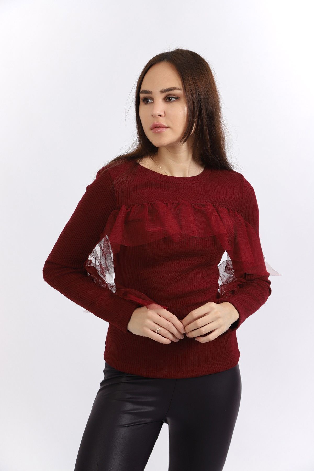  Sense Bordo Önü Ve Kolları Büzgü Tüllü Kaşkorse Triko Bluz | Blz32462