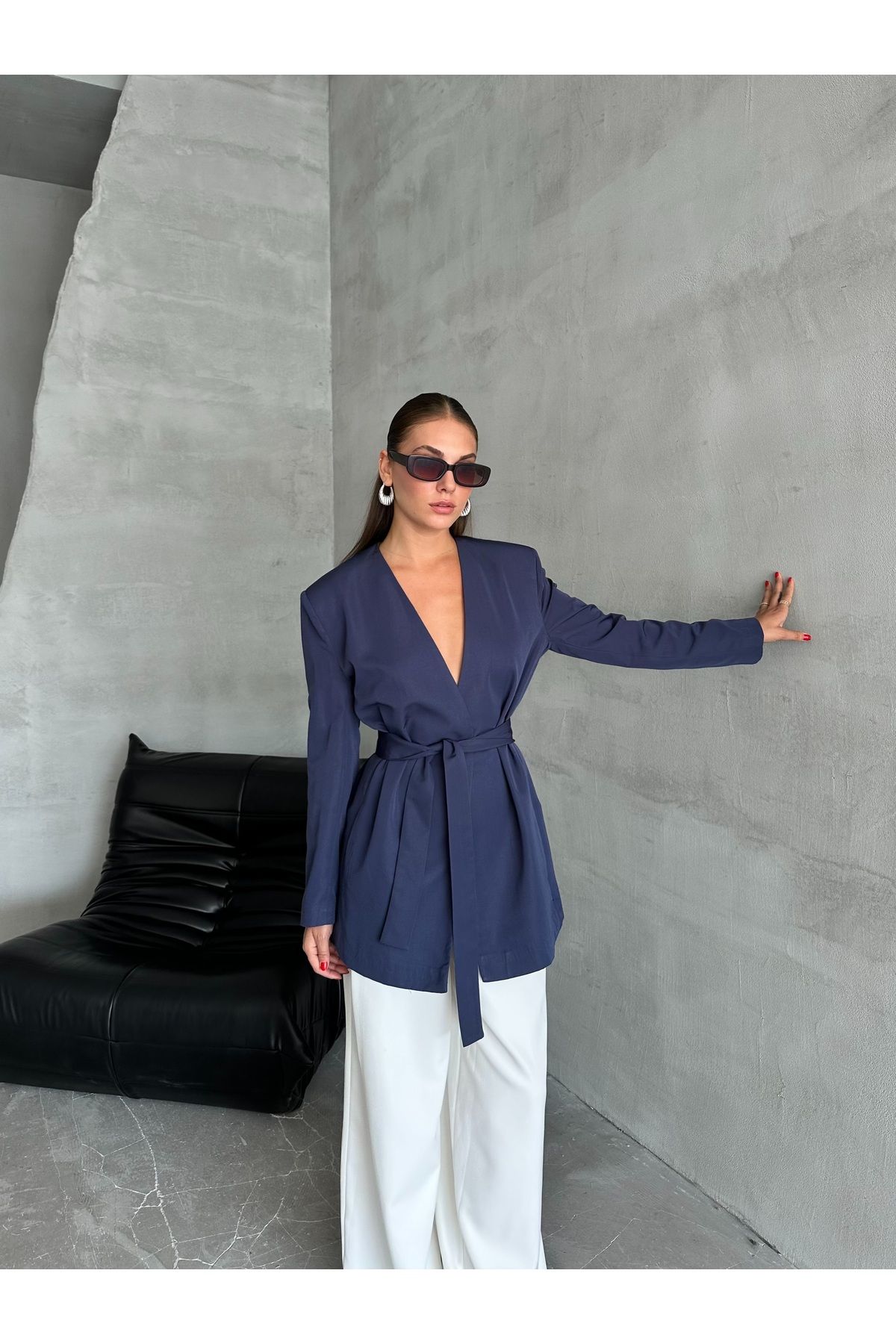 Laluvia-Marineblau Elegant - Jacke mit Gürtel Design 2
