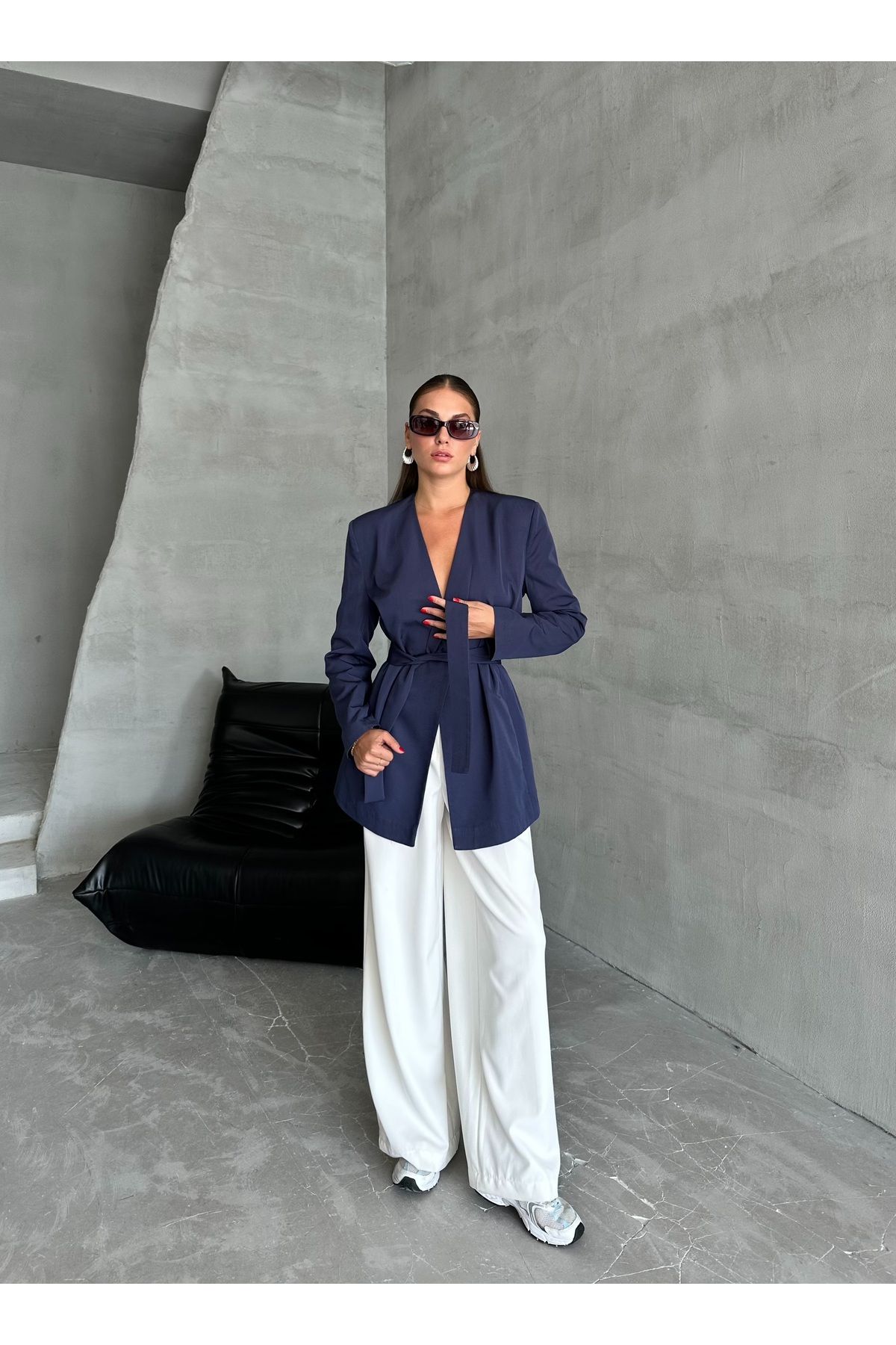 Laluvia-Marineblau Elegant - Jacke mit Gürtel Design 6
