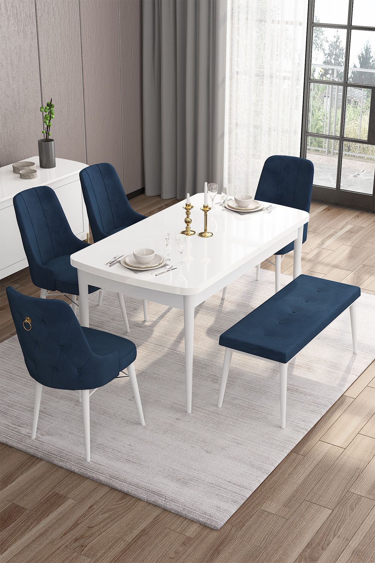 Canisa Taç Serisi 80x132 Açılabilir Mdf Beyaz Masa Takımı 4 Lacivert Sandalye 1 Bench