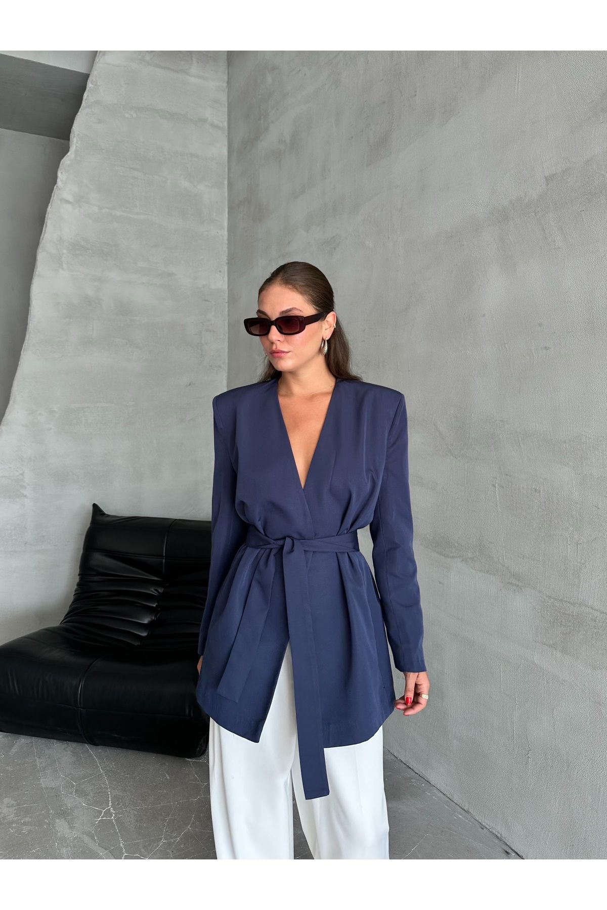 Laluvia-Marineblau Elegant - Jacke mit Gürtel Design 4