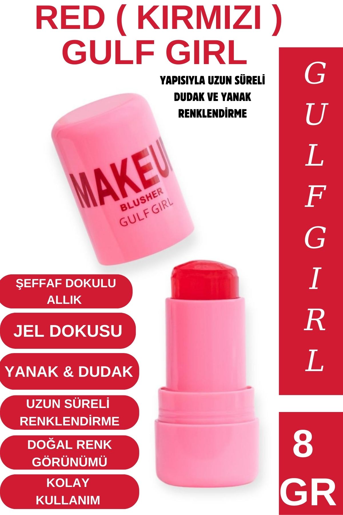 GulFlower Doğal Görünüm Dudak ve Yanak Renklendirici Allık Kırmızı (Red) 8 GR