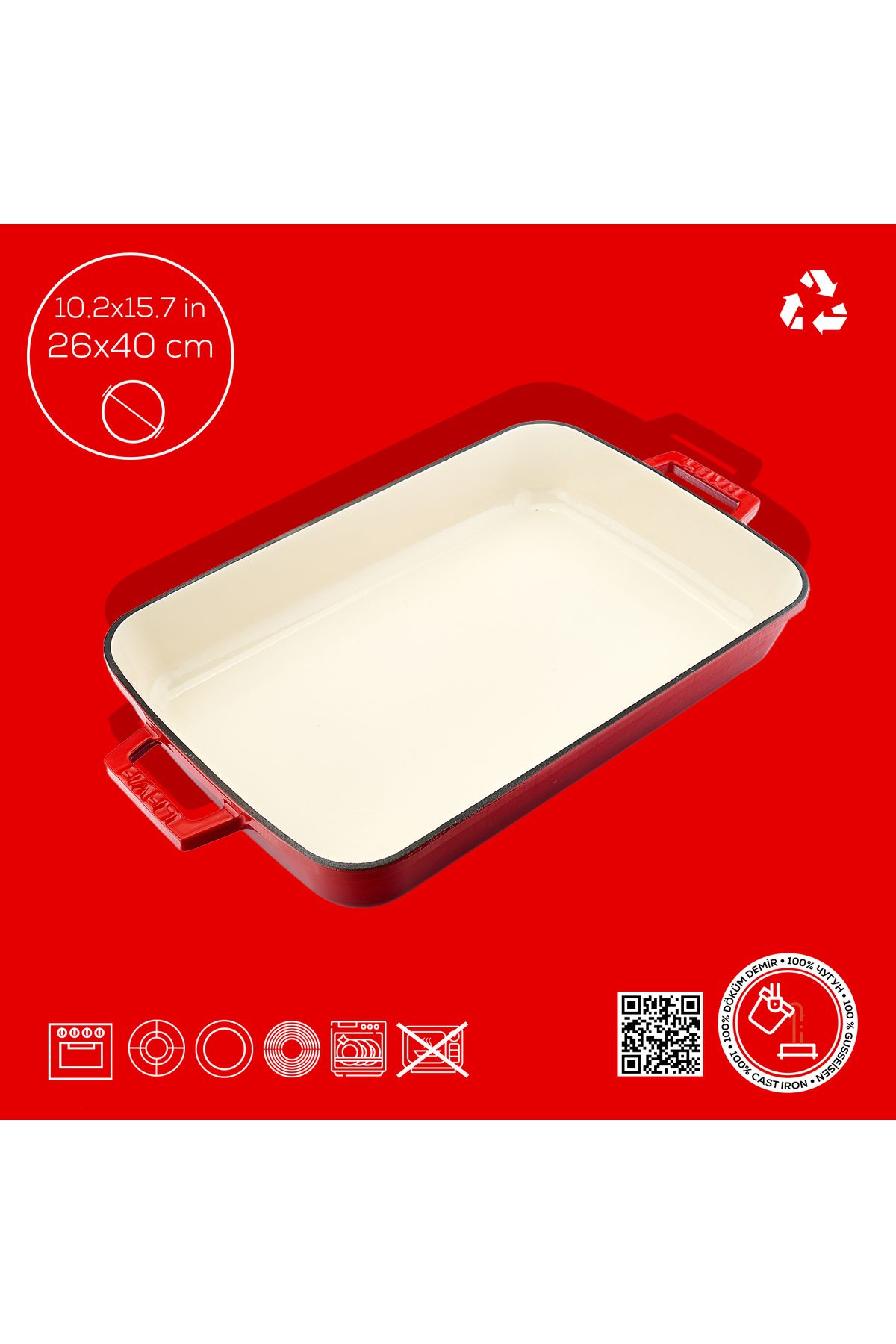 Lava-Cast Rectangular Rosto and Oven Tray Cast Iron Monolithic Double Handle Edition Series Size 26x 4