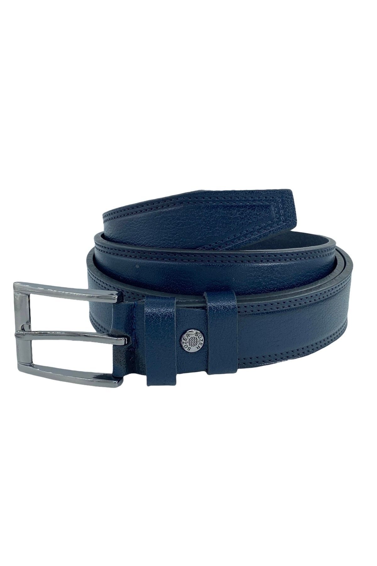 کمربند مردانه آبی سرمه ای Süzer Deri | 3.5 Cm Manda اورجینال - تصویر 4