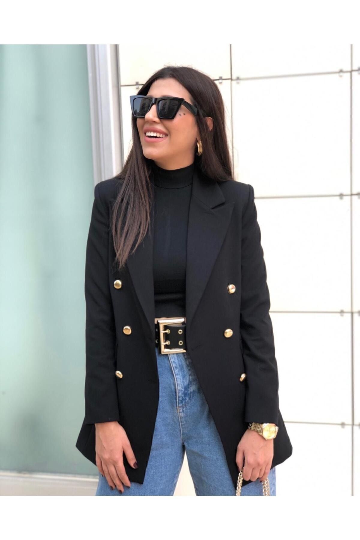 Ashley Plus Size Long Black Blazer Jacket with Gold Buttons Trendyol
