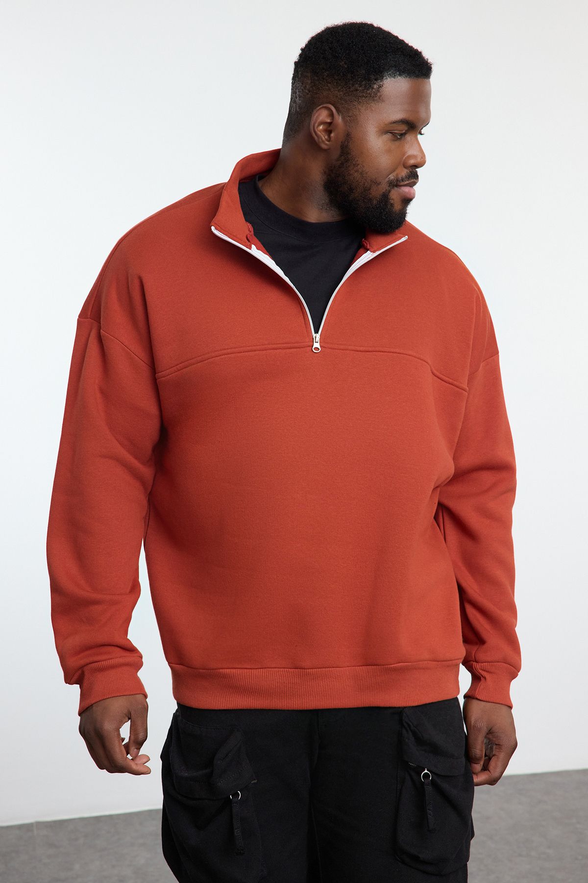 Trendyol Collection Bluza Z Zamkiem Błyskawicznym W Kolorze Ceglanym, Oversize - Mężczyzna - 3XL