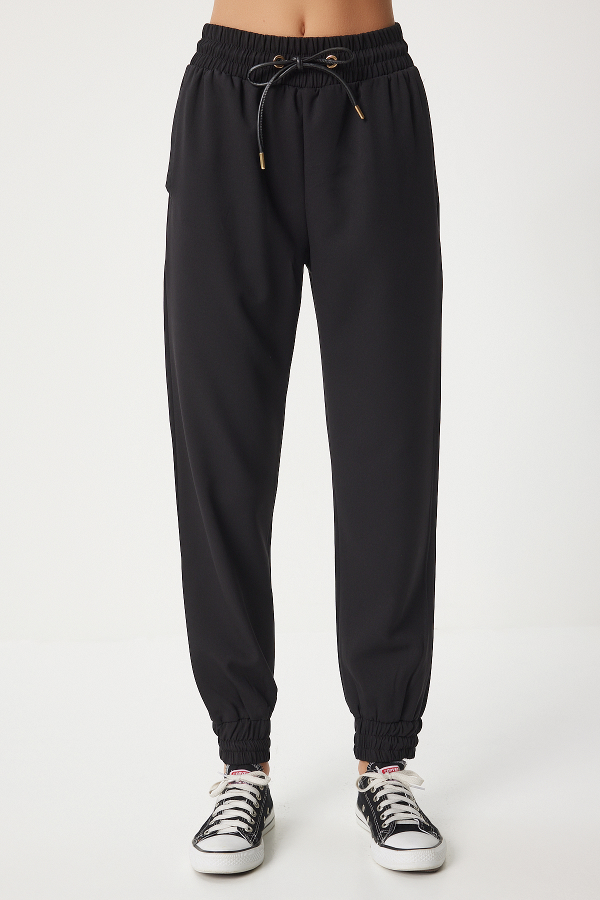 Happiness İstanbul Czarne spodnie dresowe Jogger - pasek Cord, tkane, damskie Dd01341