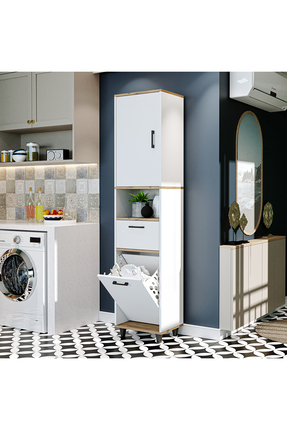 ROOMART Çamaşır Sepetli Banyo Dolabı, Çok Amaçlı Çekmeceli Dolap 45 x 200 cm