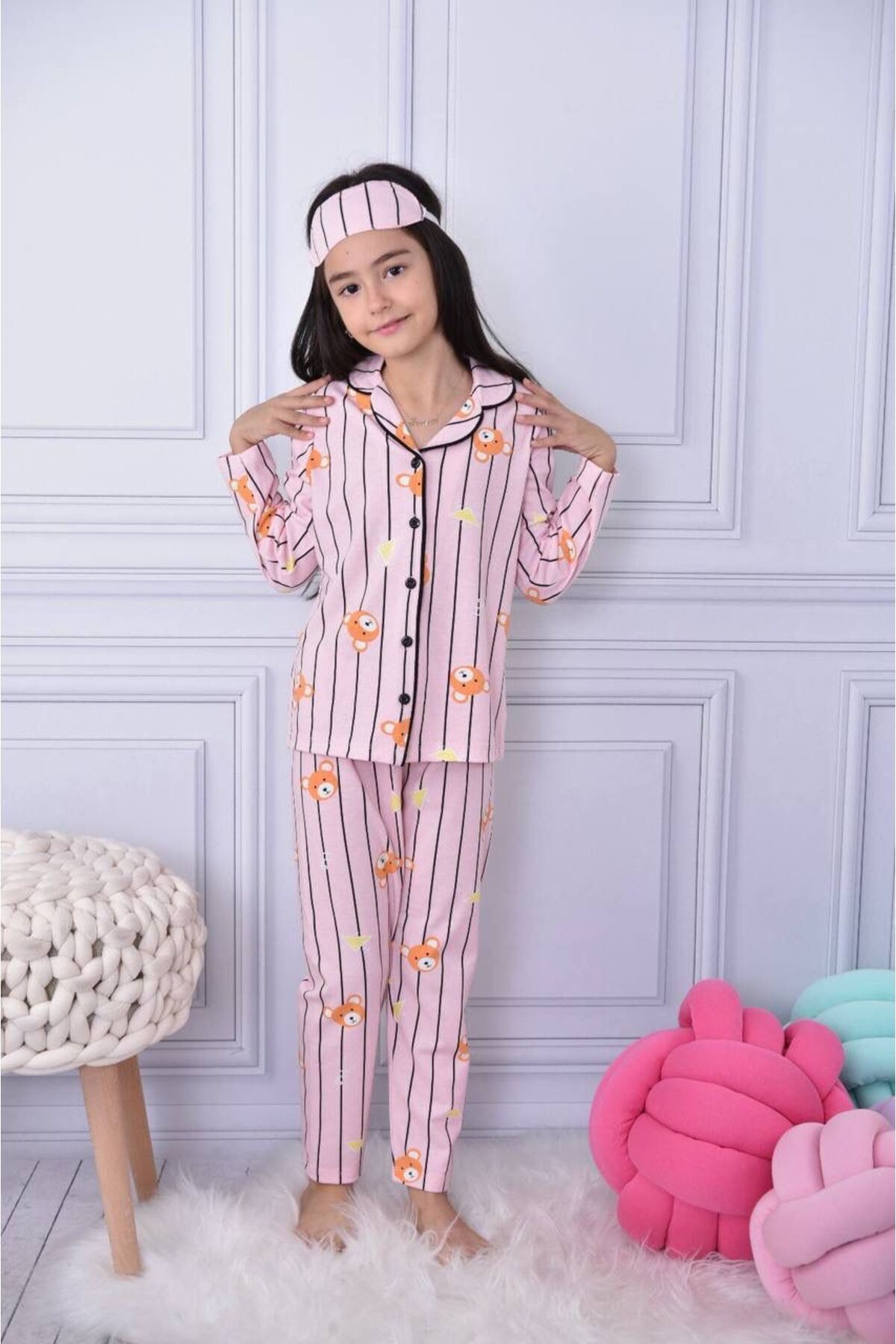 pistyle Set De Pijamale Și Bentita De Dormit Pentru Fete Cu Model Panda Cu Dungi Roz Femeie - 7-8 ani
