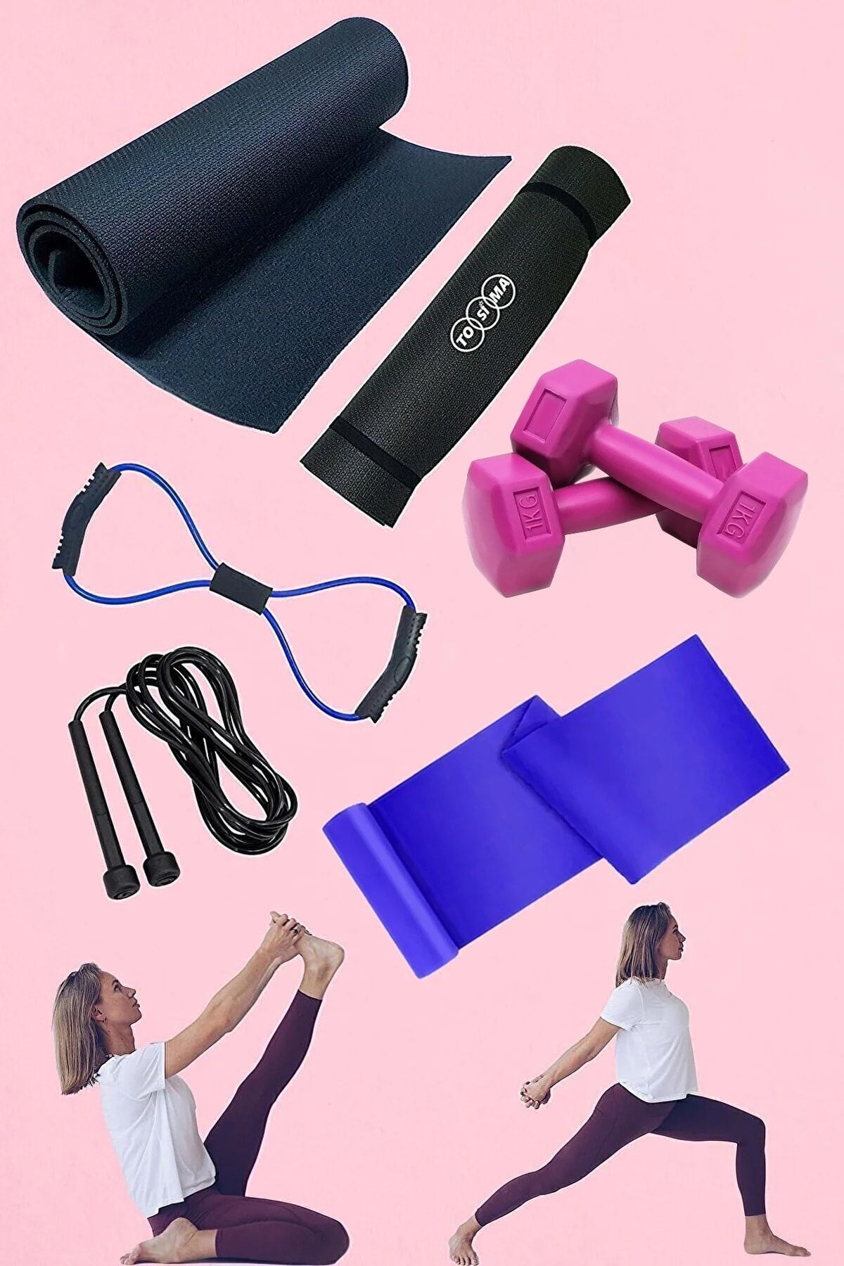 7mm Pilates Minderi Direnç Pilates Lastiği Ve 1 Kg Çiftli Dumbell Sekizgen Lastik Ve Atlama Ipi Seti