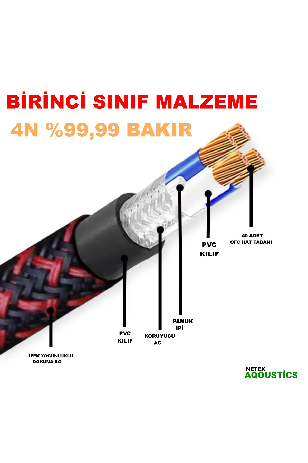 NETEX AQOUSTİCS Amfi Rca Kablosu – 4 Giriş 4 Çıkış ALTIN UÇLU RCA  %100 BAKIR Anfi Rca Kablosu – 5 Metre