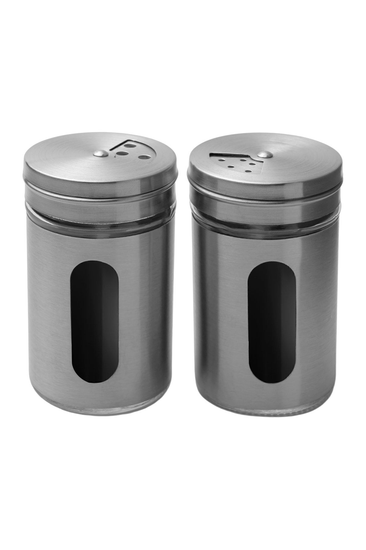 Dasupo Baharatlık Tuzluk Karabiberlik 3 Ayarlı Başlık, Cam Metal Kaplamalı 2 Adet 5 X 8 Cm