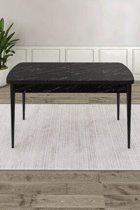 Canisa Siyah Mermer Desen 80x132 Açılabilir MDF Yemek Masası Ahşap Ayak