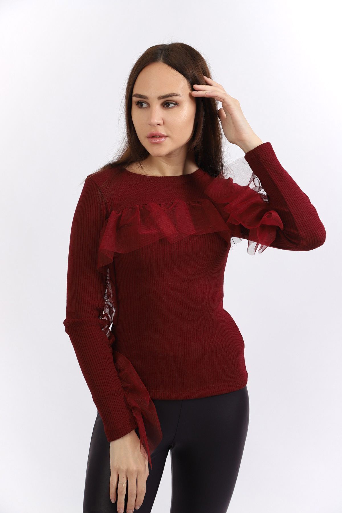  Sense Bordo Önü Ve Kolları Büzgü Tüllü Kaşkorse Triko Bluz | Blz32462