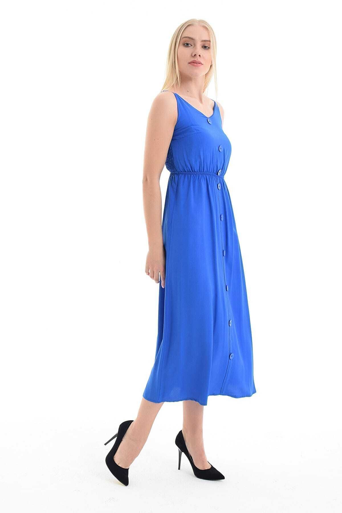  Saks ön düğmeli kroşetalı ayarlı elbise | Elb31554