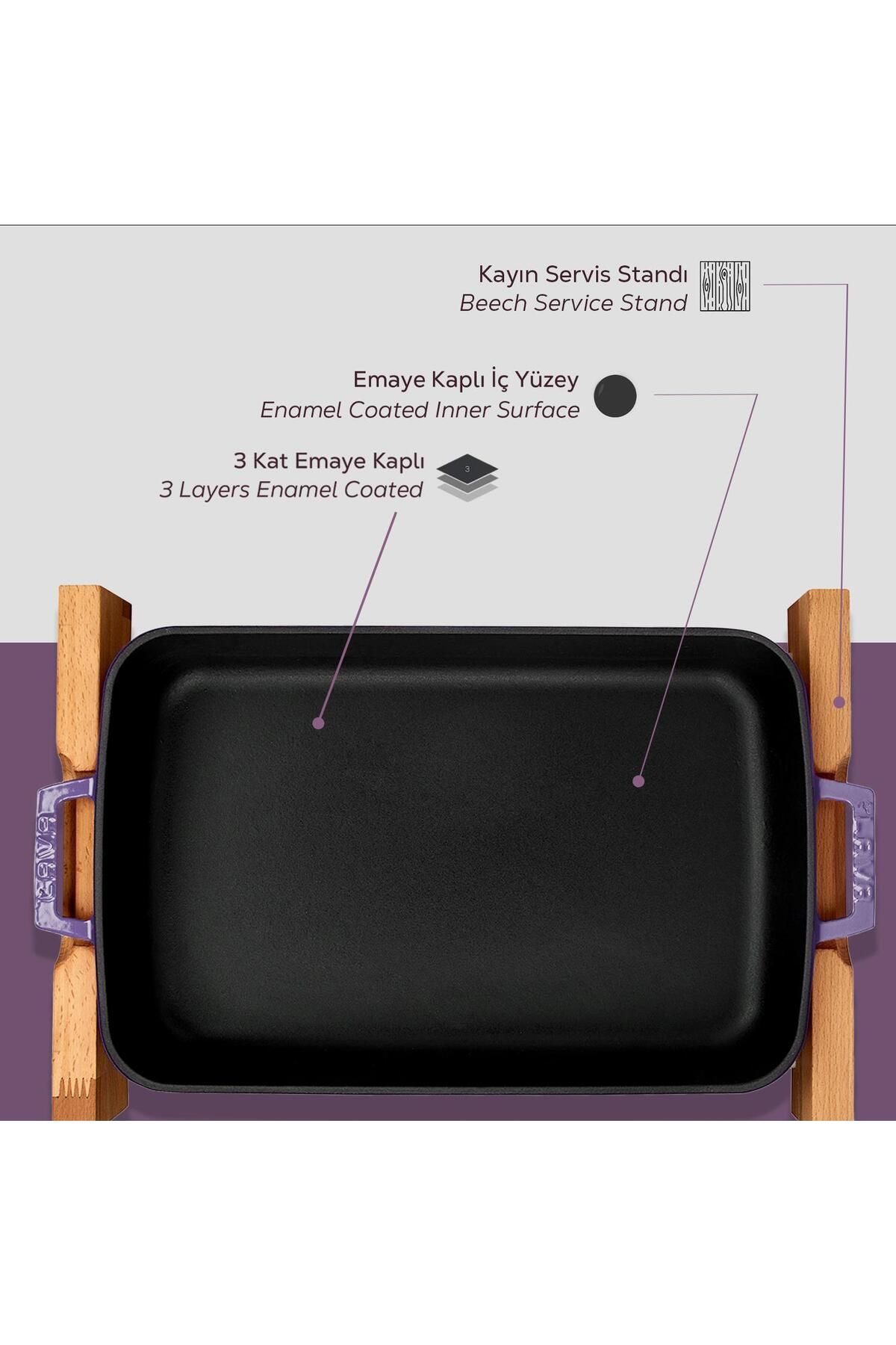 Lava-Double Handle Cast Iron Solid - Rectangular Rosto and Baking Tray, Beech Serving Wood 6