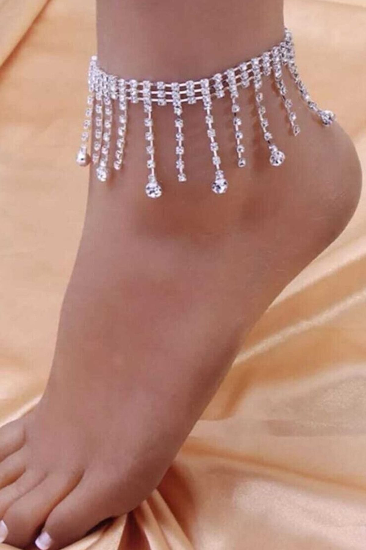 Furtek Aksesuar Kadın Gümüş Kristal Taşlı Saçaklı Sallantılı Ayak Halhal Modeli Kararmaz Zincir Ayarlanabilir Halhal