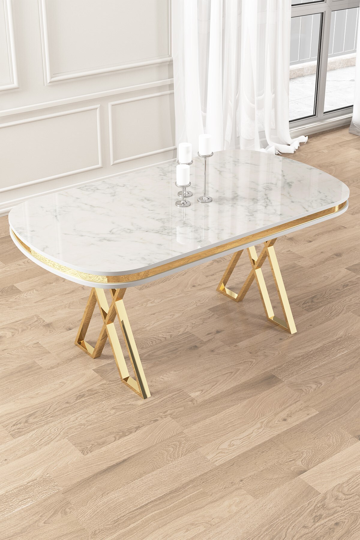White Marble Pattern 90x168 Fixed Lacquer Panel Table Gold Leg