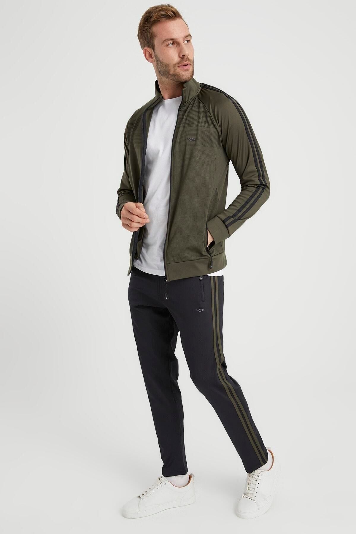 DYNAMO-Ανδρικό σετ αθλητικής φόρμας Khaki Plus Size Diver Fabric με ρίγες στα πλαϊνά 4