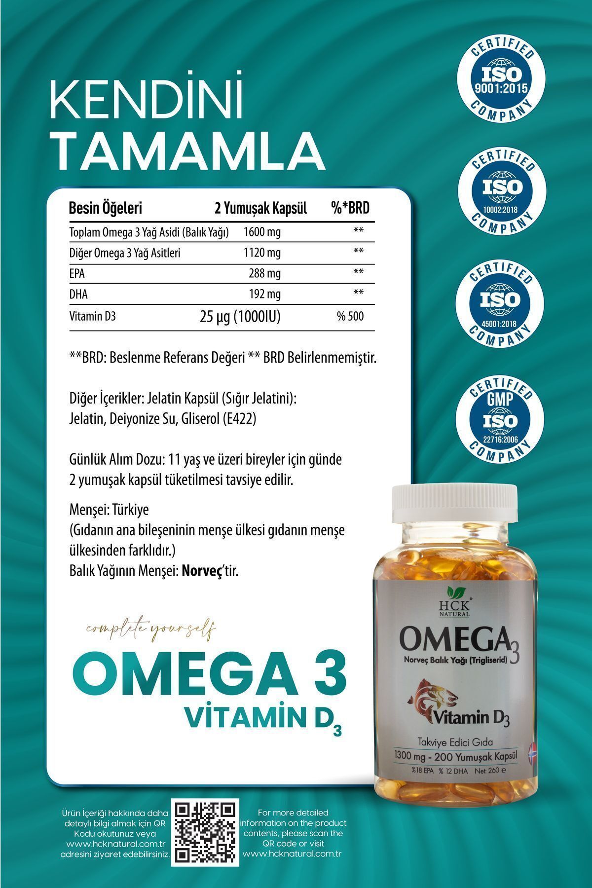 HCK NATURAL-Omega 3 1000 Mg Norwegian Fish Oil - 200 Capsules Vitamin D3 Fish Oil Food Supplement 3