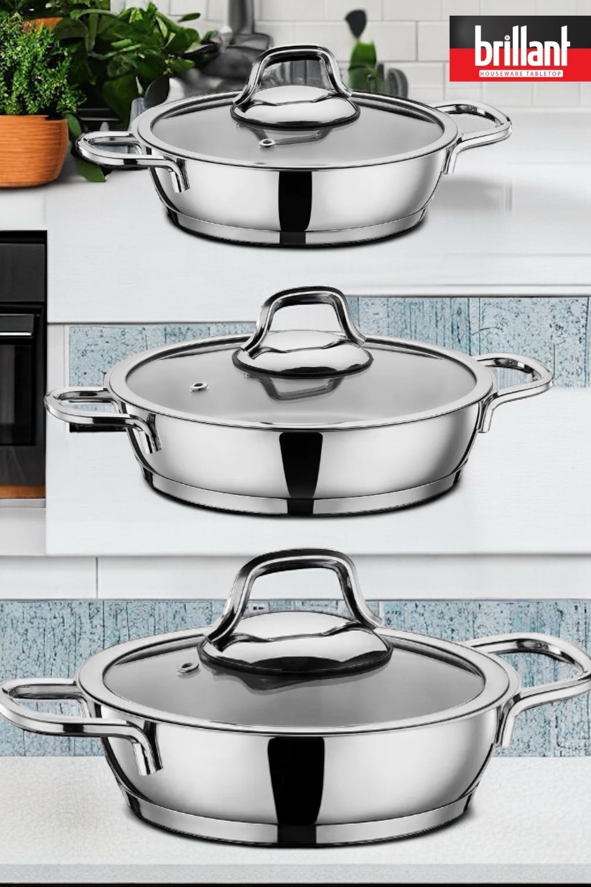 Brillant Paslanmaz Çelik Tencere Sahan Seti 16/18/20 Cm 6 Parça Kalın Tabanlı Tencere Seti
