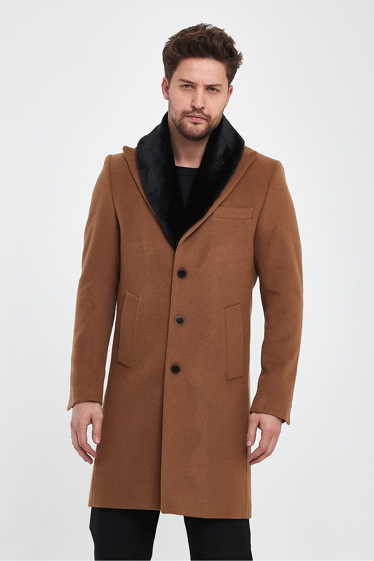 Plus Ninety-Above Knee Length Men's Coat with Detachable Collar and Fur and Wool Blend Buttons 6