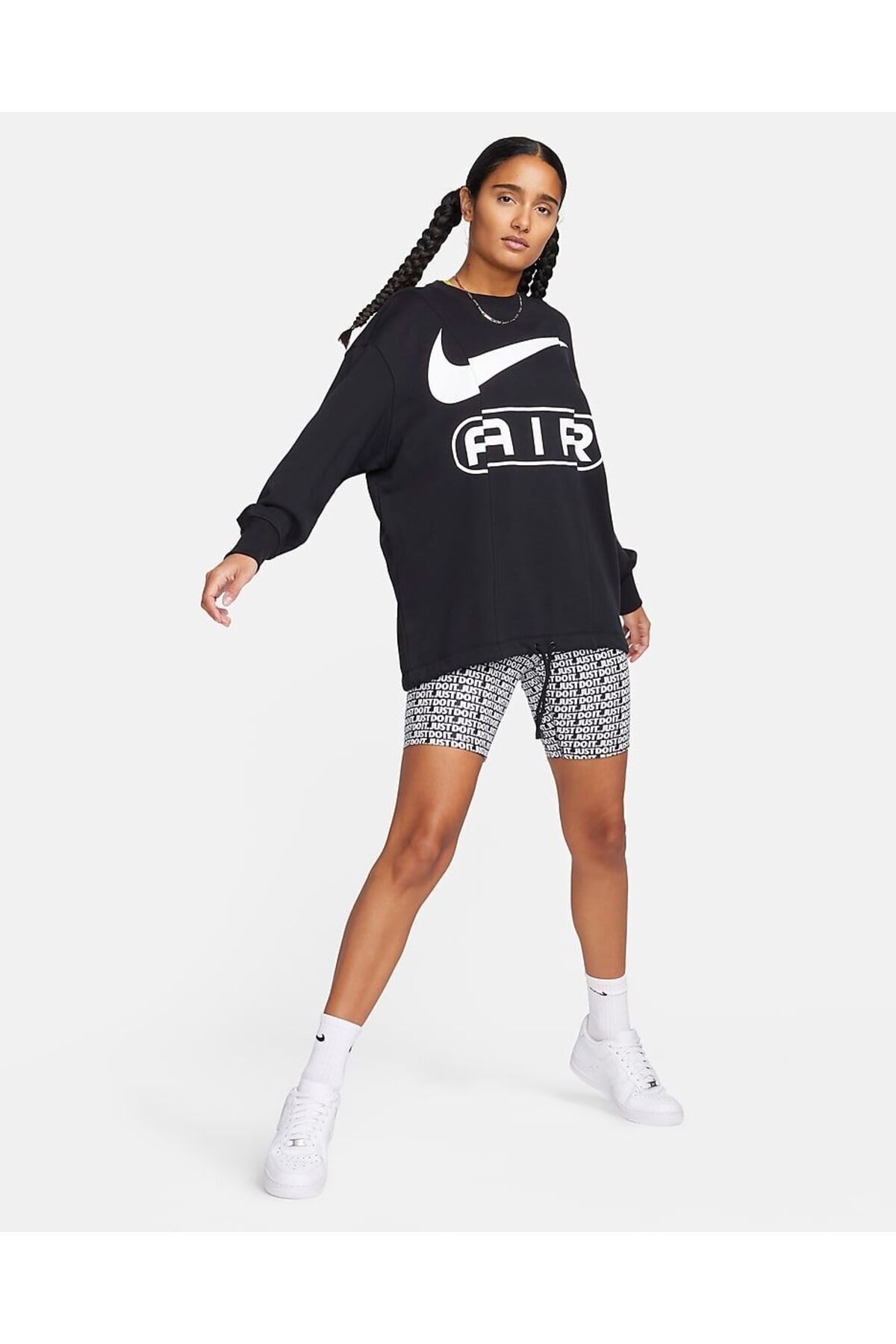 Nike French Terry Women s Sweatshirt Air Over Oversized Crew Neck Adjustable Waist Cord Trendyol