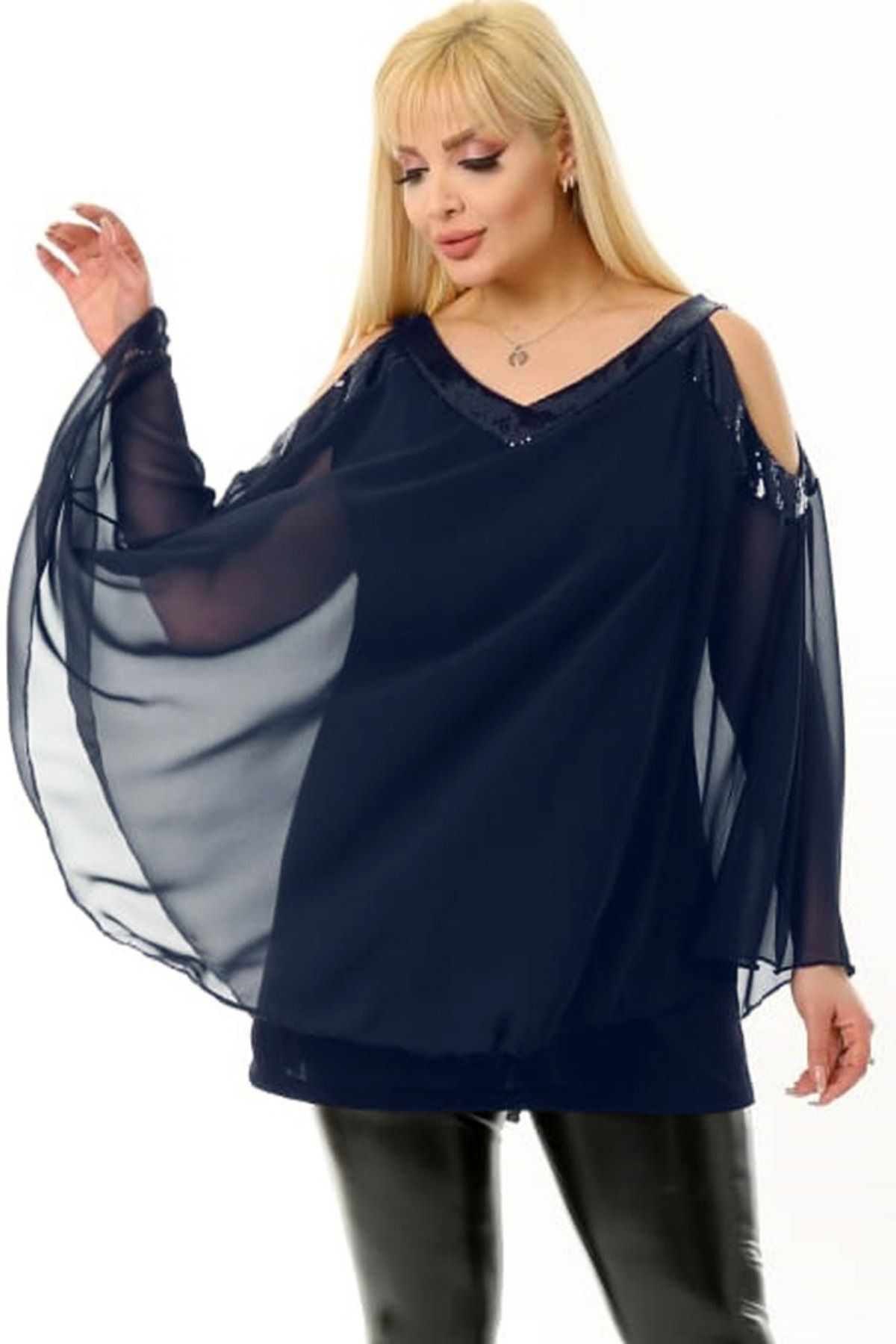 Kheos-Cool and Stylish Tulle Chiffon Blouse with V-Neck, Off-the-Shoulder and Sequin Sequin Lining on the Shoulder and Collar 3