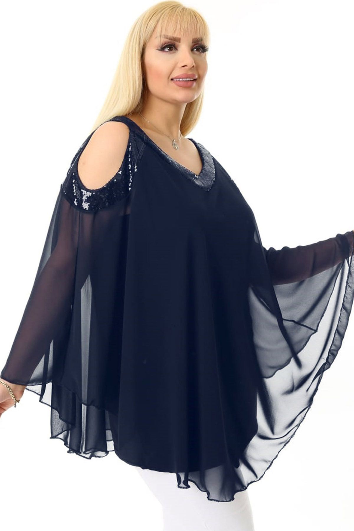 Kheos-Cool and Stylish Tulle Chiffon Blouse with V-Neck, Off-the-Shoulder and Sequin Sequin Lining on the Shoulder and Collar 2