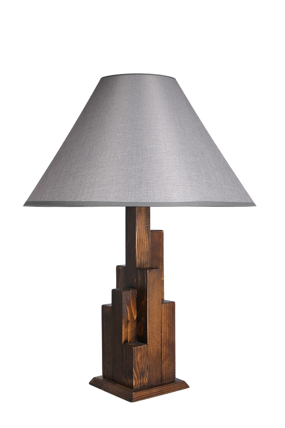 Lumexx-Gray Pyramid Wicker Tower Walnut Wooden Table Lamp - With Lampshade 2