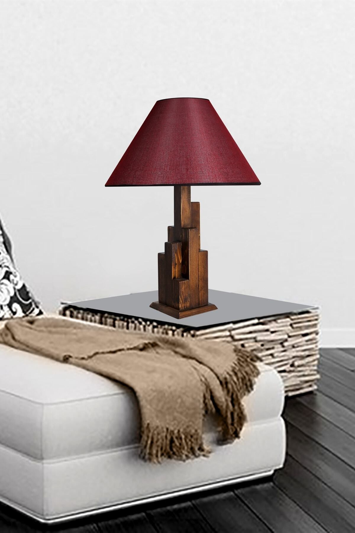 Lumexx-Claret Red Pyramid Wicker Tower Walnut Wooden Table Lamp - With Lampshade 2